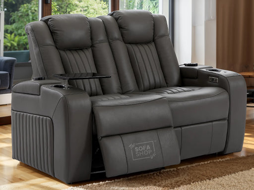 2 Seater Electric Recliner Smart Cinema Sofa in Grey Real Leather with Power, Massage, Console, and Adjustable Headrest- Capri