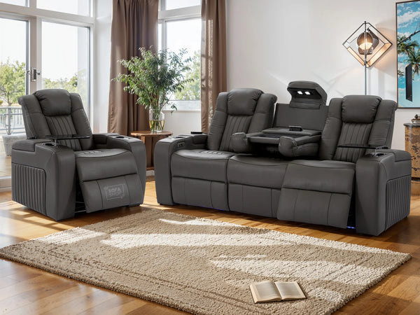 3+1 Electric Recliner Sofa Set and Cinema Sofa Seats Package in Grey Real Leather. Suite with USB, Storage, and Charger - Capri