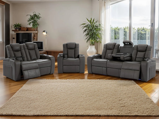 Electric Recliner Cinema Sofa Set 3 2 1 in Grey Real Leather with Cup Holders, Storage Boxes, and USB Ports - Capri