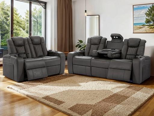 3 2 Electric Recliner Sofa Set with USB Ports, Drink Holders & Storage Boxes - Grey Real Leather 2 Piece Cinema Sofa - Capri