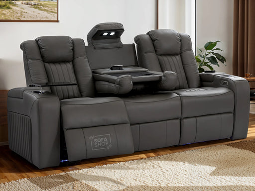 Electric Recliner Cinema Sofa 3 Seater in Grey Real Leather with USB Ports, Cup Holders, and Wireless Charger - Capri