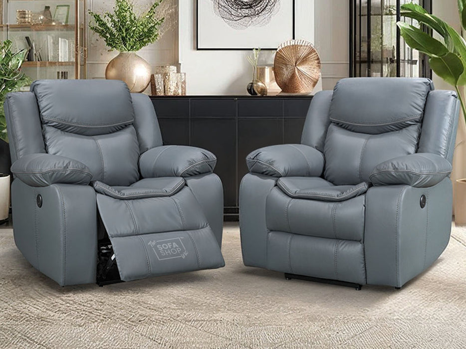 1+1 Set of Sofa Chairs. 2 Electric Recliner Chairs in Grey Leather - Highgate