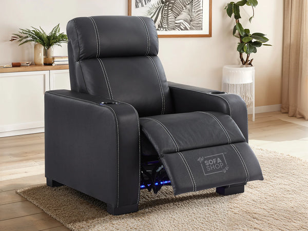 Electric Recliner Chair in Black Real Leather With White Stitching + Cup Holders + LED Light - Rimini