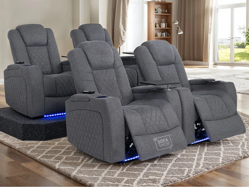 Set of 4 Electric Home Cinema Seats in Grey Woven Fabric, With Recliner, Massage Seats, Removable Table, USB, Lights, Storage Arms, Chilled Cupholders - Pavia