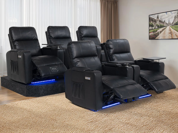 Set of 5 Electric Home Cinema Seats in Black Leather Aire, With Recliner, Massage Seats, Removable Table, USB, Lights, Storage Arms, Chilled Cupholders - Modena