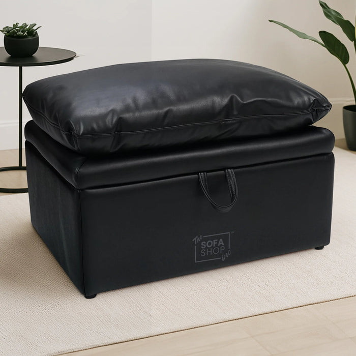 Black Leather Cushion Top Footstool - Bari