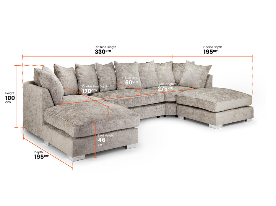 U Shaped Sofa in Grey Or Truffle Fabric with Scatter Back - Bishop