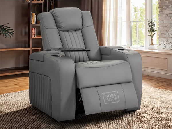 Leather Recliner Chair Electric with USB Charging, Cup Holders, Storage, LED Lights & Massage | Grey Leather Aire | Capri | The Sofa Shop