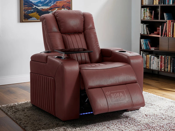 Electric Recliner Chair & Cinema Seat in Red Real Leather + Massage + Cup Holders + Table - Capri