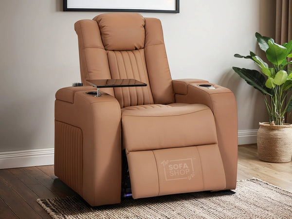 Leather Recliner Chair Electric with USB Charging, Cup Holders, Storage, LED Lights & Massage | Tan Leather Aire | Capri | The Sofa Shop