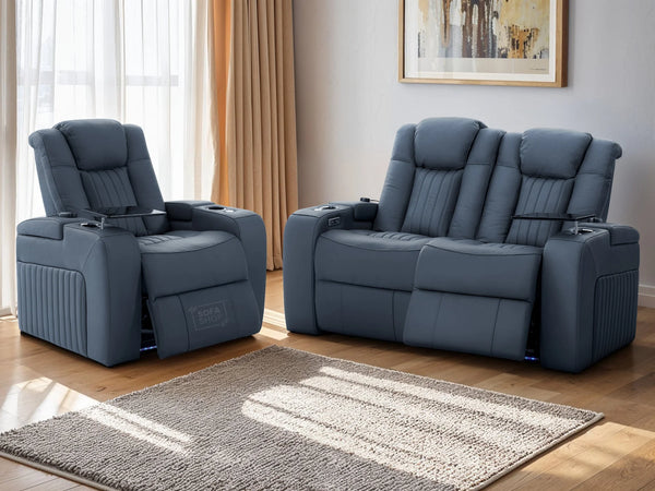 2+1 Electric Recliner Cinema Sofa Set in Blue Real Leather with USB Ports, Cup Holders, Storage Boxes & Wireless Charger  - Capri