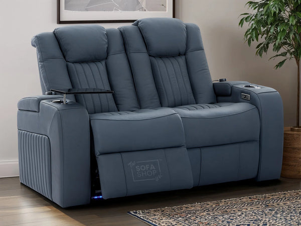 2 Seater Electric Recliner Smart Cinema Sofa in Blue Real Leather with Power, Massage, Console, and Adjustable Headrest- Capri