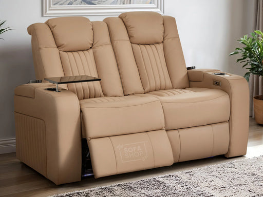 2 Seater Power Recliner Sofa with USB Charging, Cup Holders, Storage, LED Lights & Massage | Camel Leather Aire | Capri | The Sofa Shop