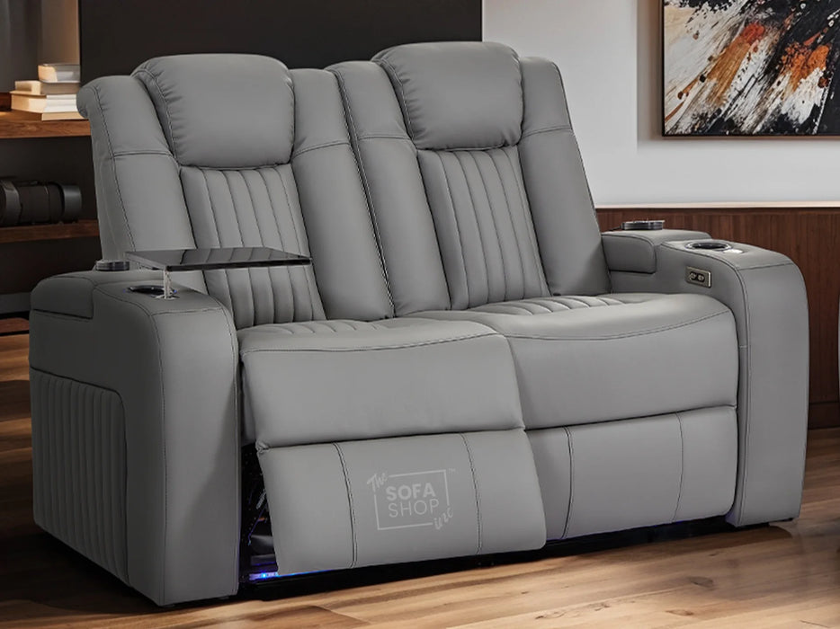 2 Seater Power Recliner Sofa with USB Charging, Cup Holders, Storage, LED Lights & Massage | Grey Leather Aire Sofa | Capri | The Sofa Shop