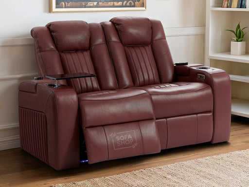 2 Seater Electric Recliner Smart Cinema Sofa in Red Real Leather with Power, Massage, Console, and Adjustable Headrest- Capri