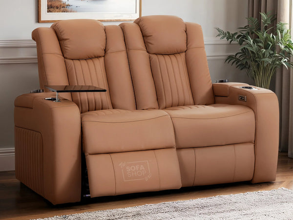 2 Seater Power Recliner Sofa with USB Charging, Cup Holders, Storage, LED Lights & Massage | Tan Leather Aire | Capri | The Sofa Shop