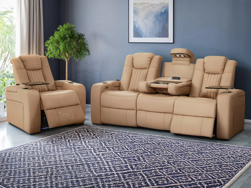 3+1 Smart Reclining Sofa Package | 2 Piece Power Home Theatre Couch in Beige Leather Aire with Massage, LED Cupholders & Table | Capri | The Sofa Shop