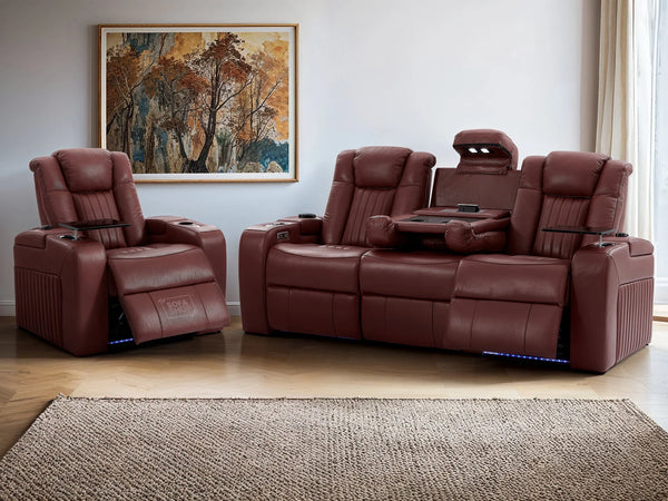 3+1 Electric Recliner Sofa Set and Cinema Sofa Seats Package in Red Real Leather. Suite with USB, Storage, and Charger - Capri