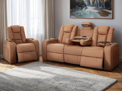 3+1 Leather Recliner Sofa Package with USB Charging, Cup Holders, LED Lights & Massage | Tan Leather | Capri | Sofa Shop