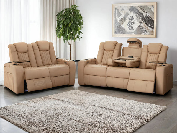 3+2 Leather Recliner Sofa with USB Charging, Cup Holders, Storage, LED Lights & Massage | Beige Leather | Capri | The Sofa Shop