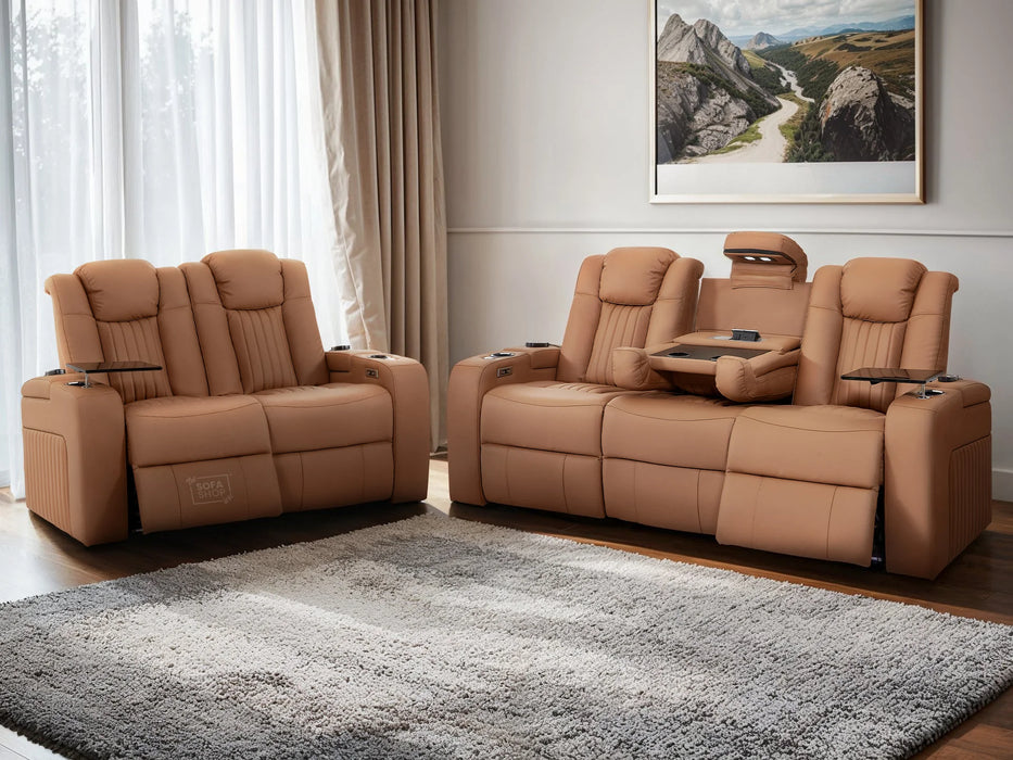 3+2 Smart Recliner Sofa Set | Tan Leather Aire Power Reclining Sofa Suite with Drop-Down Table, Massage, USB & LED | Capri | The Sofa Shop