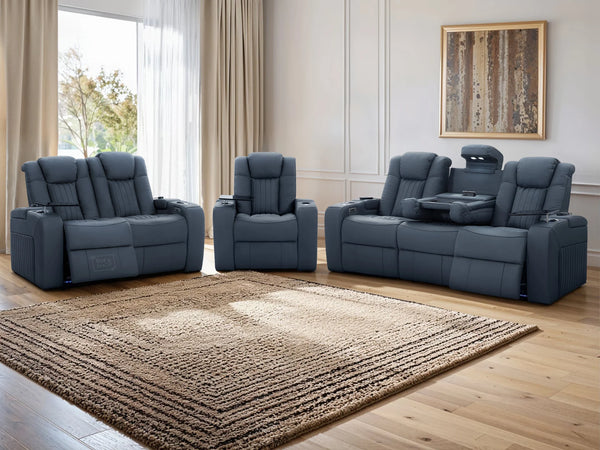 Electric Recliner Cinema Sofa Set 3 2 1 in Blue Real Leather with Cup Holders, Storage Boxes, and USB Ports - Capri