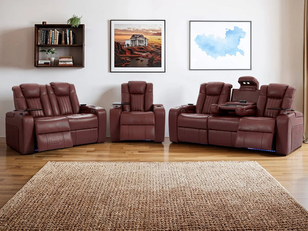 Electric Recliner Cinema Sofa Set 3 2 1 in Red Real Leather with Cup Holders, Storage Boxes, and USB Ports - Capri