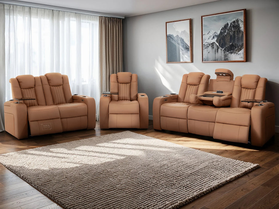 3+2+1 Sofa Set Leather Recliner with USB Charging, Cup Holders, Storage, LED Lights & Massage | Tan Leather Aire | Capri | The Sofa Shop