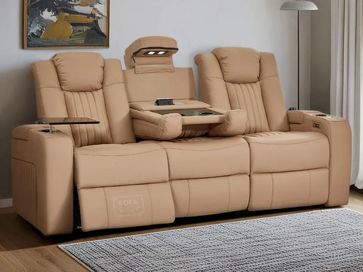 3 Seater Power Recliner Sofa with USB Charging, Cup Holders, Storage, LED Lights & Massage | Camel Leather Aire | Capri | The Sofa Shop