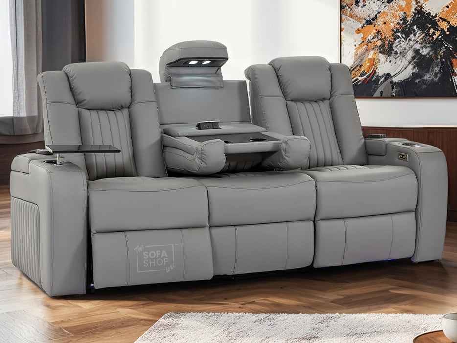 3 Seater Power Recliner Sofa in Leather with USB & Wireless Charging, Cupholders & Massage for Ultimate Relaxation | Grey Leather Aire | Capri | The Sofa Shop