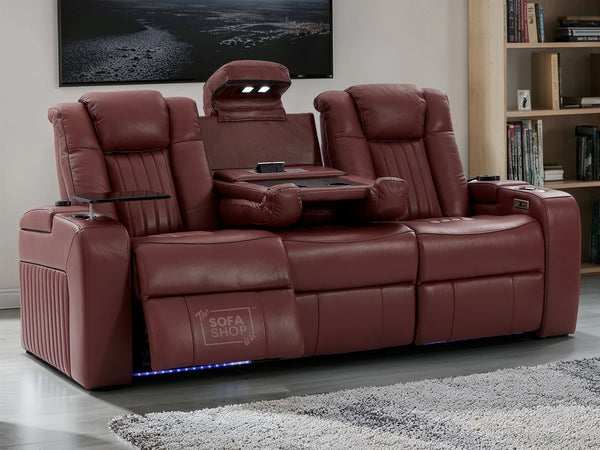 Electric Recliner Cinema Sofa 3 Seater in Red Real Leather with USB Ports, Cup Holders, and Wireless Charger - Capri