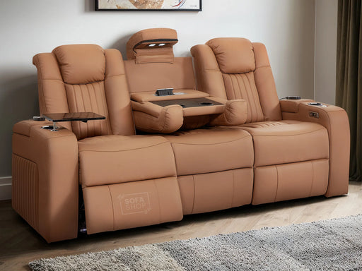 3 Seater Power Recliner Sofa with USB Charging, Cup Holders, Storage, LED Lights & Massage | Tan Leather Aire | Capri | The Sofa Shop