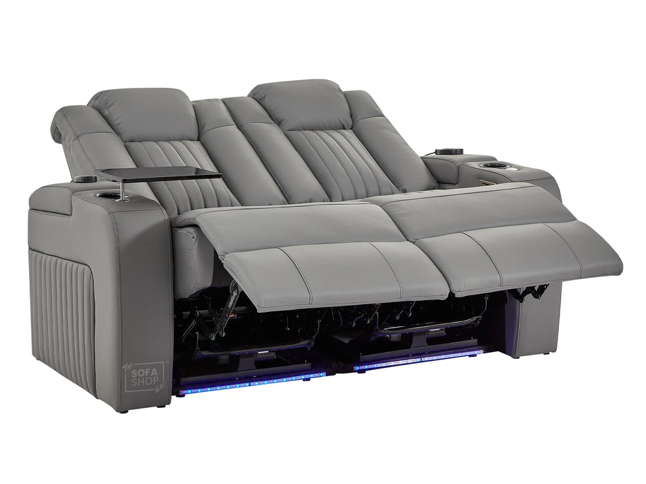 2 Seater Power Recliner Sofa with USB Charging, Cup Holders, Storage, LED Lights & Massage | Grey Leather Aire Sofa | Capri | The Sofa Shop