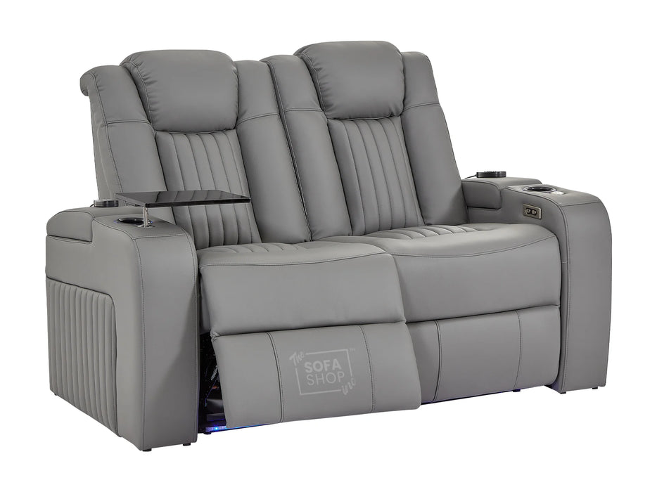 2 Seater Power Recliner Sofa with USB Charging, Cup Holders, Storage, LED Lights & Massage | Grey Leather Aire Sofa | Capri | The Sofa Shop