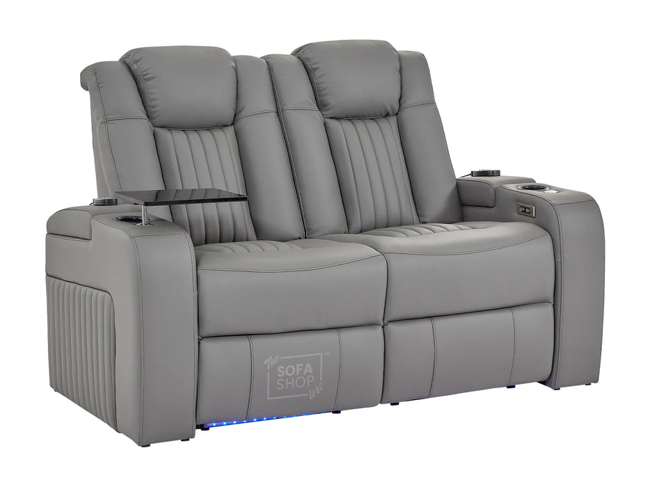 2 Seater Power Recliner Sofa with USB Charging, Cup Holders, Storage, LED Lights & Massage | Grey Leather Aire Sofa | Capri | The Sofa Shop