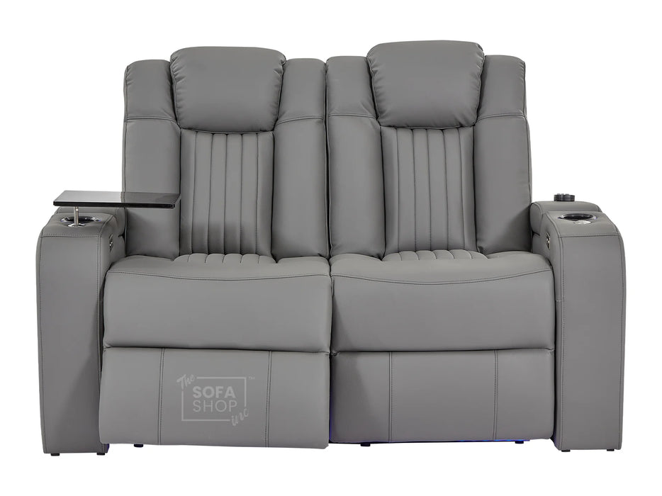 2 Seater Power Recliner Sofa with USB Charging, Cup Holders, Storage, LED Lights & Massage | Grey Leather Aire Sofa | Capri | The Sofa Shop