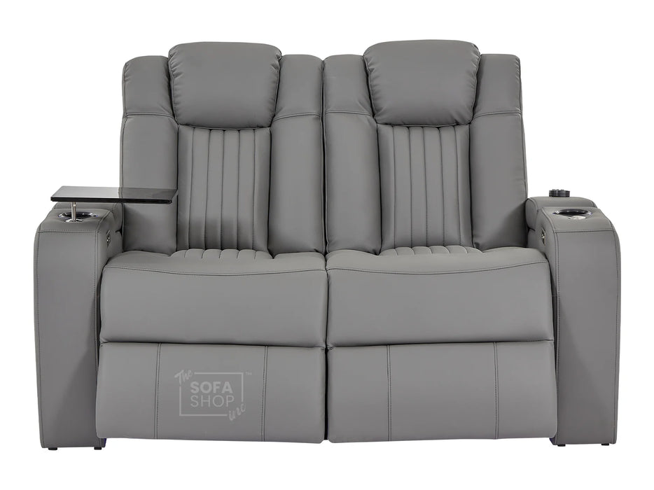 2 Seater Power Recliner Sofa with USB Charging, Cup Holders, Storage, LED Lights & Massage | Grey Leather Aire Sofa | Capri | The Sofa Shop