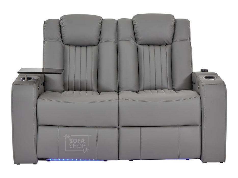 2 Seater Power Recliner Sofa with USB Charging, Cup Holders, Storage, LED Lights & Massage | Grey Leather Aire Sofa | Capri | The Sofa Shop