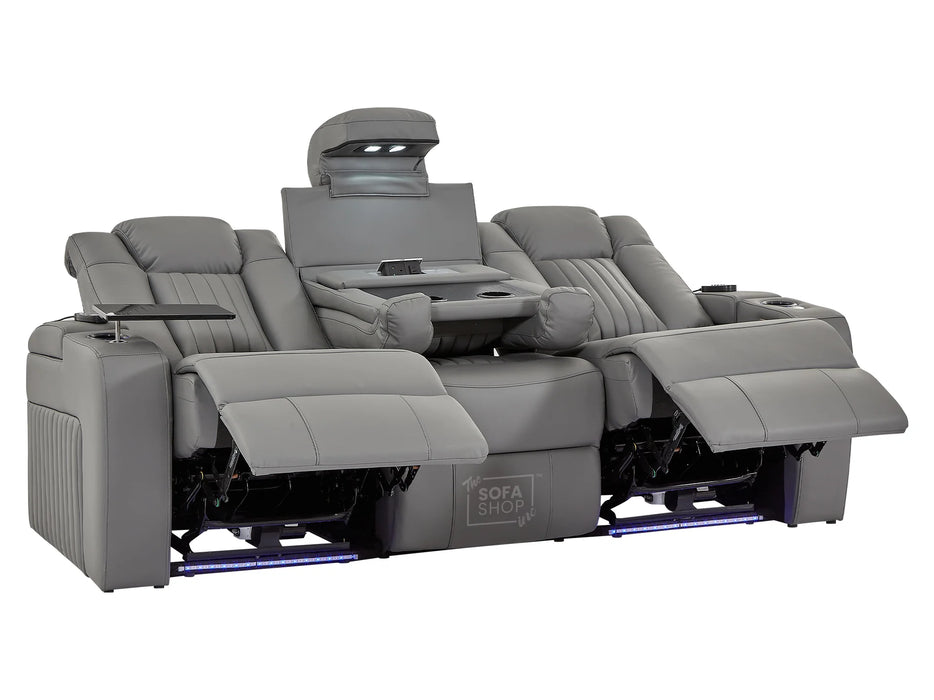 3 Seater Power Recliner Sofa in Leather with USB & Wireless Charging, Cupholders & Massage for Ultimate Relaxation | Grey Leather Aire | Capri | The Sofa Shop