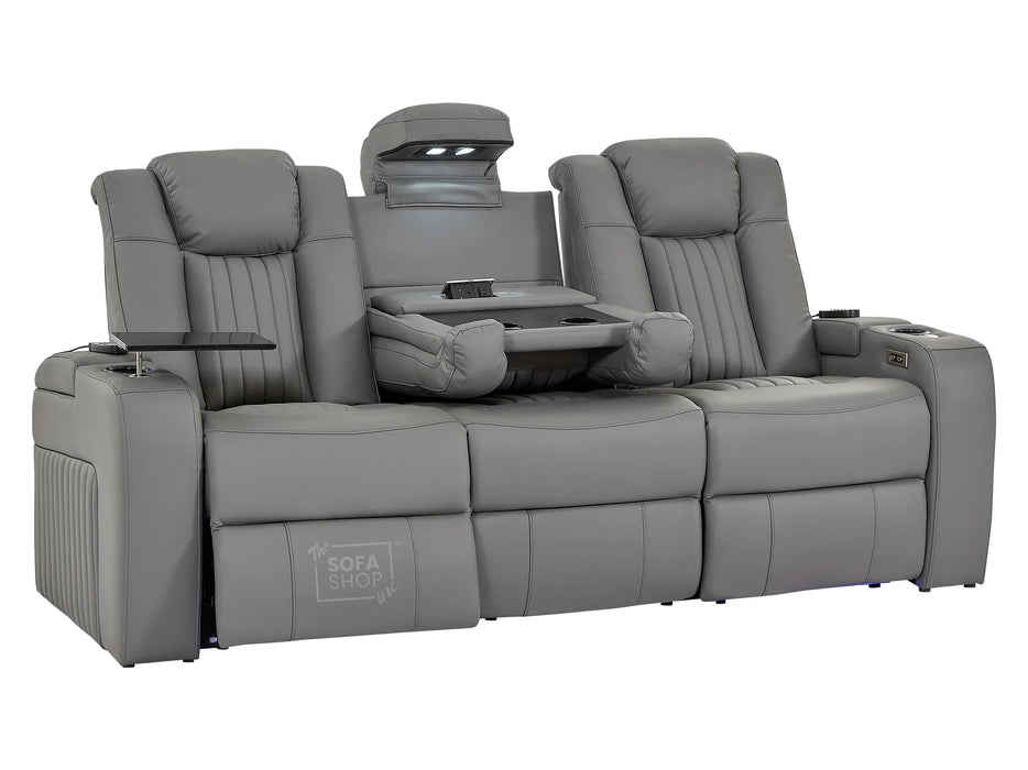 3 Seater Power Recliner Sofa in Leather with USB & Wireless Charging, Cupholders & Massage for Ultimate Relaxation | Grey Leather Aire | Capri | The Sofa Shop