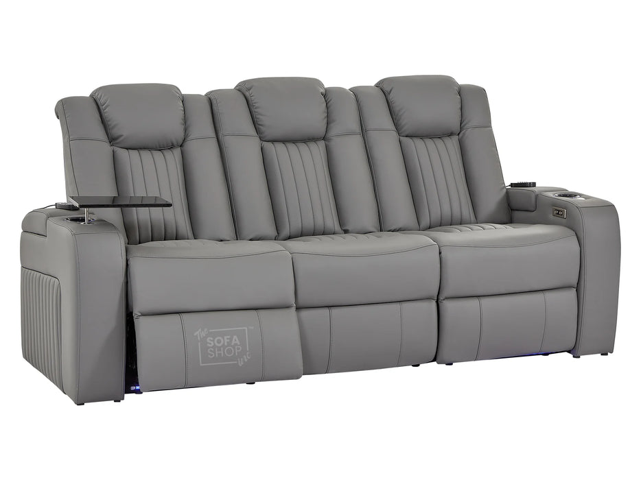 3 Seater Power Recliner Sofa in Leather with USB & Wireless Charging, Cupholders & Massage for Ultimate Relaxation | Grey Leather Aire | Capri | The Sofa Shop