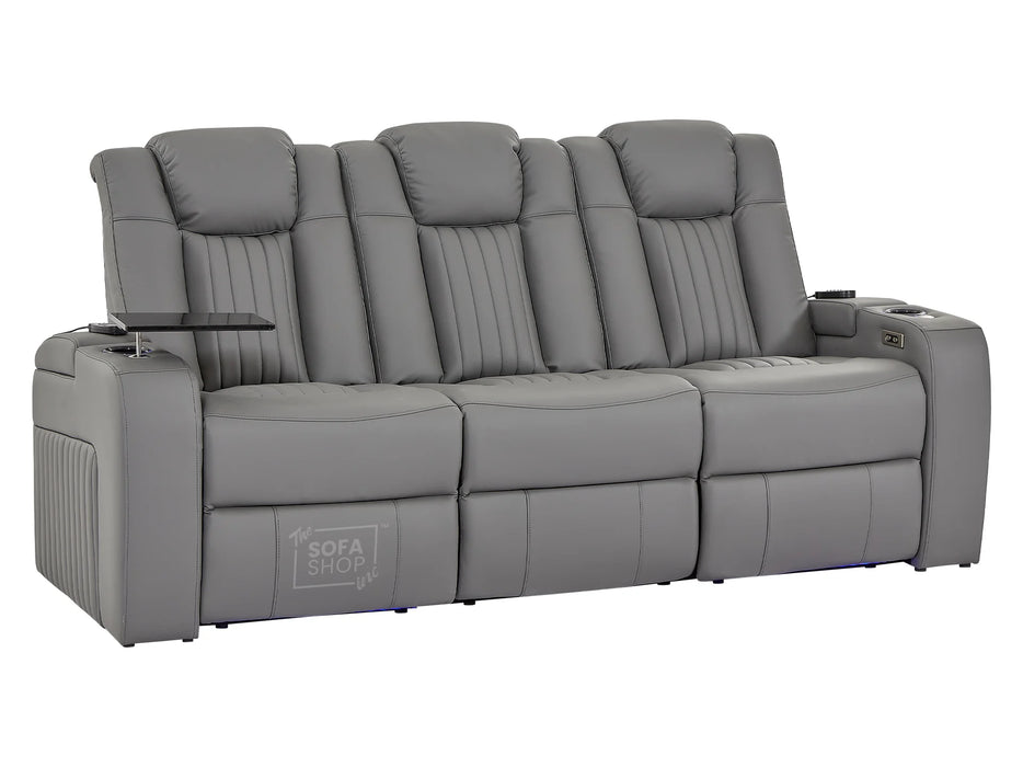 3 Seater Power Recliner Sofa in Leather with USB & Wireless Charging, Cupholders & Massage for Ultimate Relaxation | Grey Leather Aire | Capri | The Sofa Shop