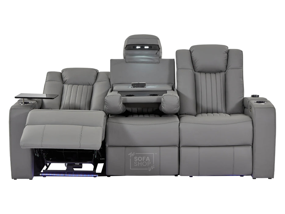 3 Seater Power Recliner Sofa in Leather with USB & Wireless Charging, Cupholders & Massage for Ultimate Relaxation | Grey Leather Aire | Capri | The Sofa Shop