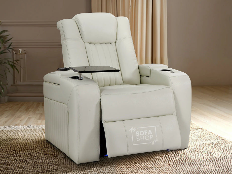 Electric Recliner Chair & Cinema Seat in White Real Leather + Massage + Cup Holders + Table - Capri