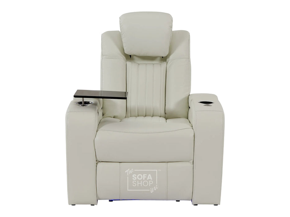 Electric Recliner Chair & Cinema Seat in White Real Leather + Massage + Cup Holders + Table - Capri