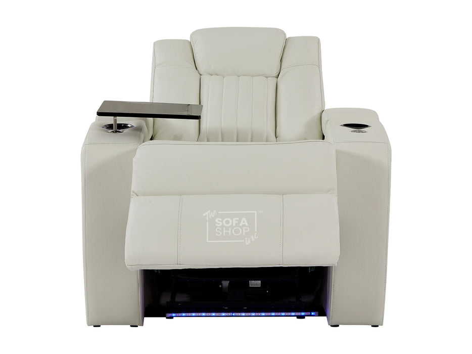 Electric Recliner Chair & Cinema Seat in White Real Leather + Massage + Cup Holders + Table - Capri