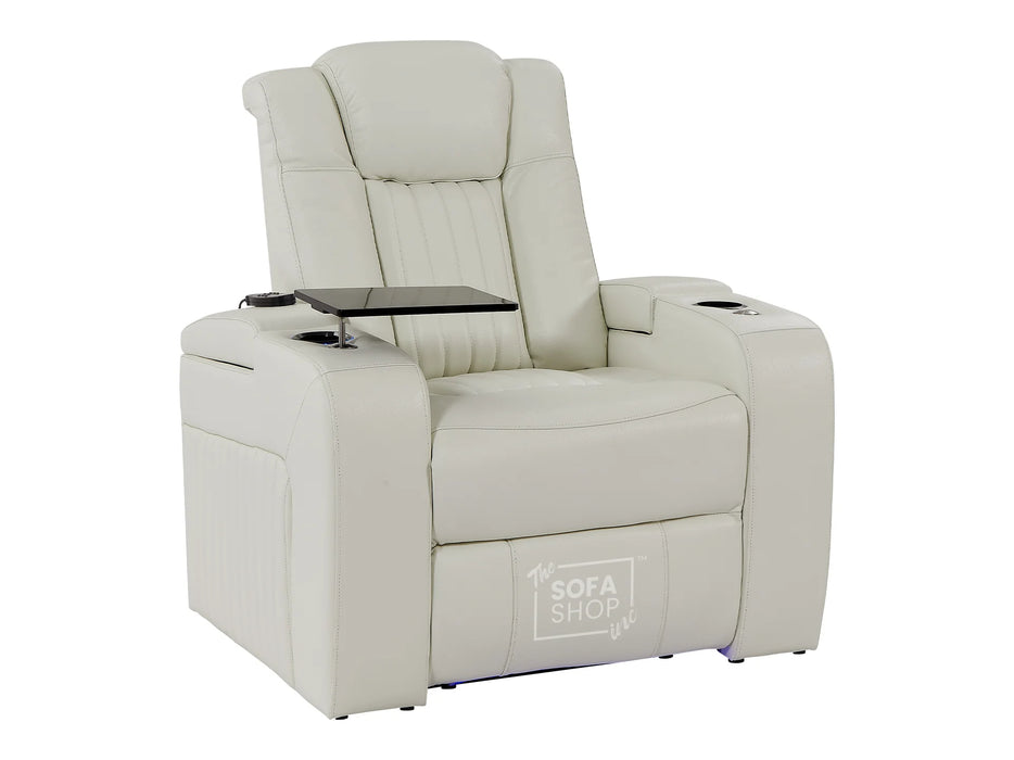 Electric Recliner Chair & Cinema Seat in White Real Leather + Massage + Cup Holders + Table - Capri