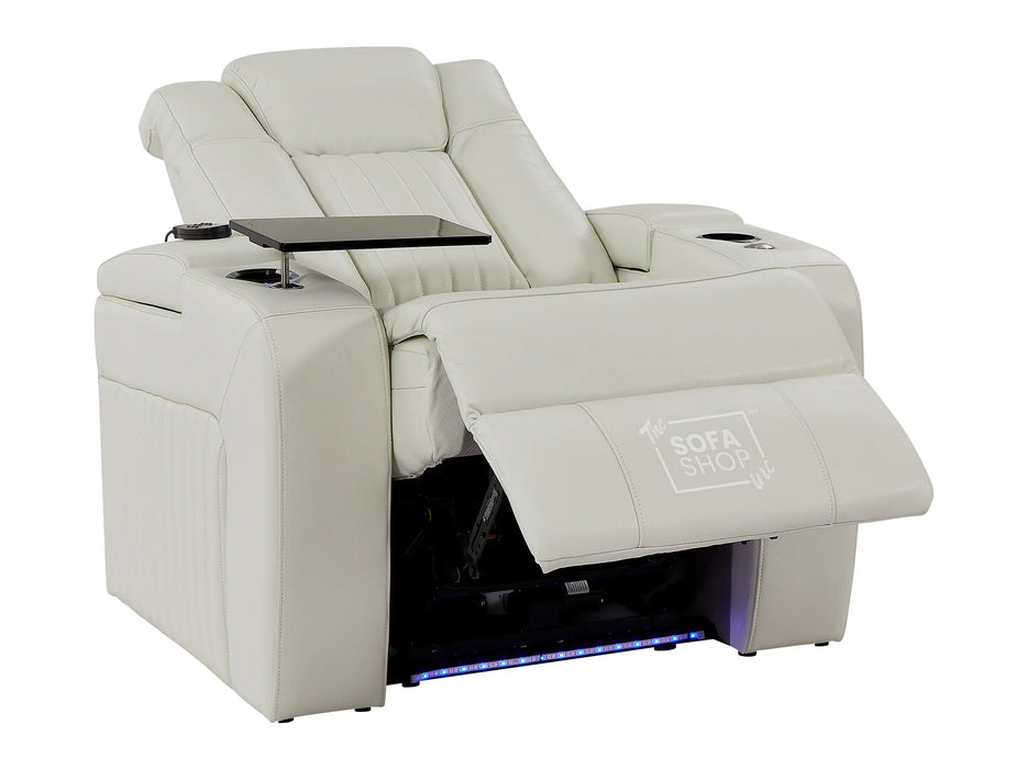 Electric Recliner Chair & Cinema Seat in White Real Leather + Massage + Cup Holders + Table - Capri