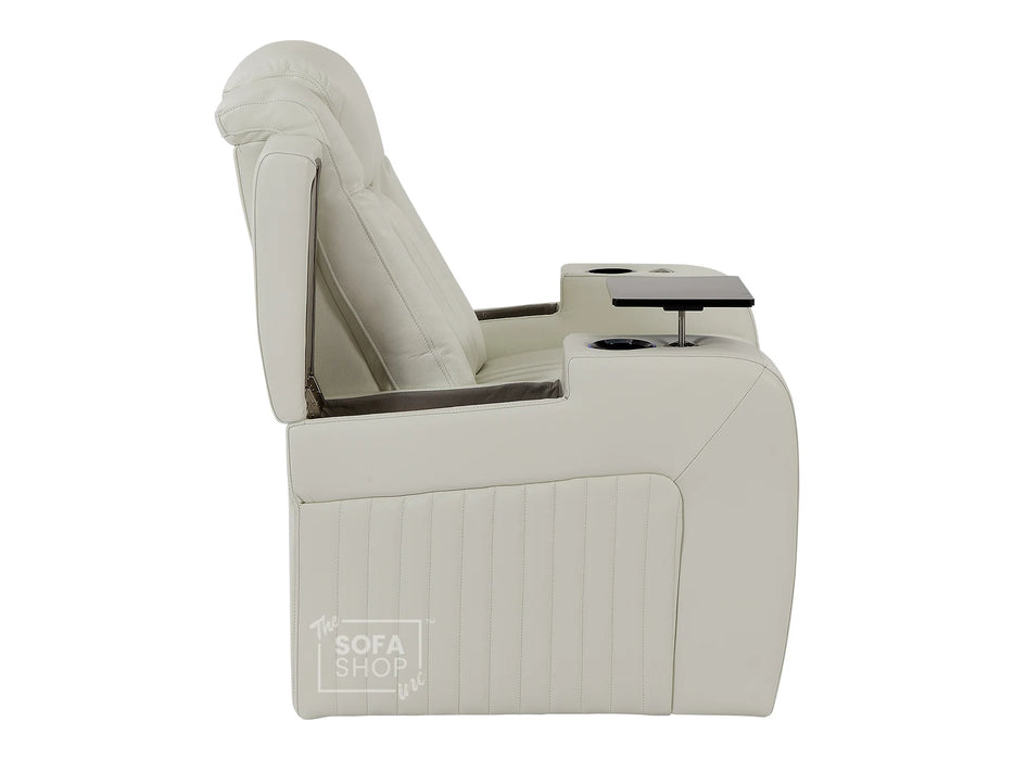 Electric Recliner Chair & Cinema Seat in White Real Leather + Massage + Cup Holders + Table - Capri