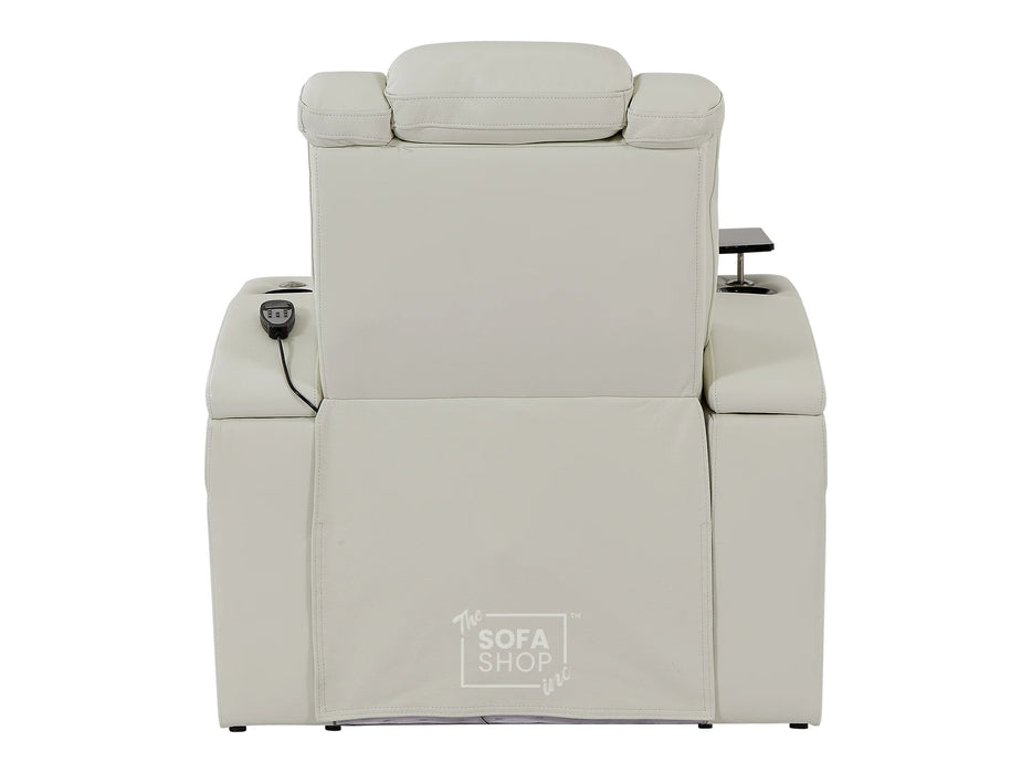 Electric Recliner Chair & Cinema Seat in White Real Leather + Massage + Cup Holders + Table - Capri